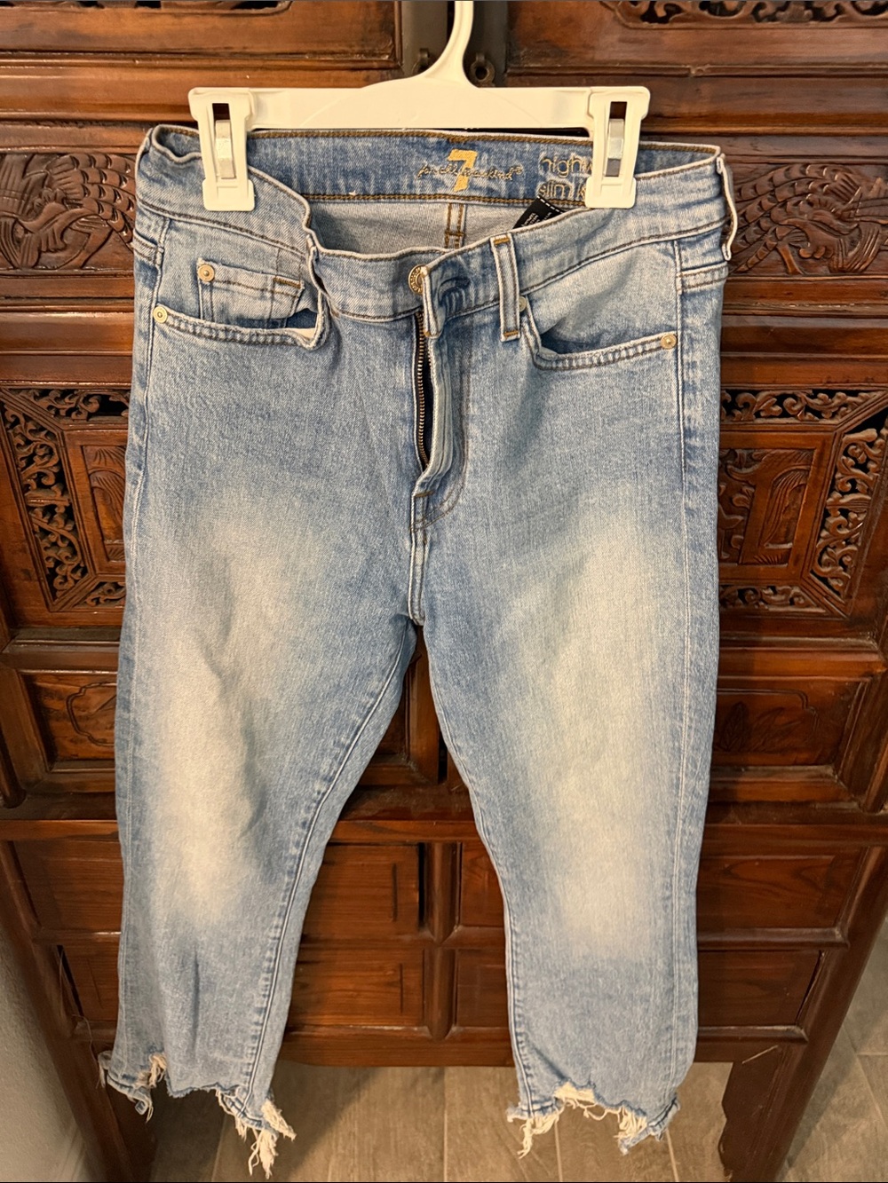 7 For All Mankind Light Blue Slim Straight Jeans with Frayed Hem